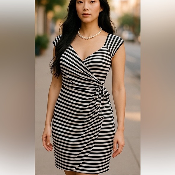 WORTHINGTON SLEEVELESS BLACK & WHITE STRIPE WRAP AROUND TIE SASH DRESS SZ 6 - Picture 1 of 10